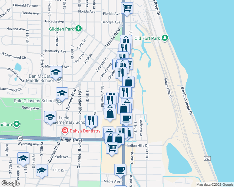 map of restaurants, bars, coffee shops, grocery stores, and more near 1801 South Us Highway 1 in Fort Pierce
