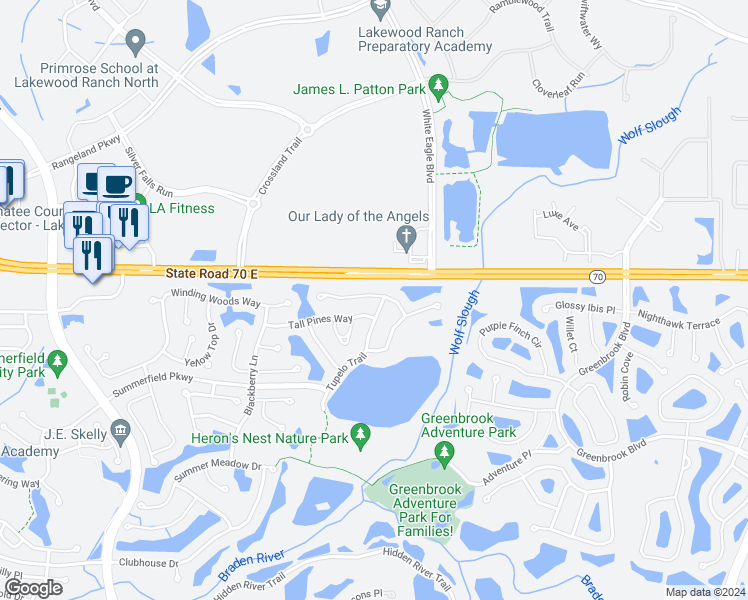 map of restaurants, bars, coffee shops, grocery stores, and more near 12706 Rockrose Glen in Lakewood Ranch