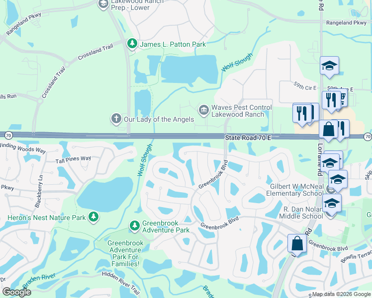 map of restaurants, bars, coffee shops, grocery stores, and more near 13511 Glossy Ibis Place in Lakewood Ranch