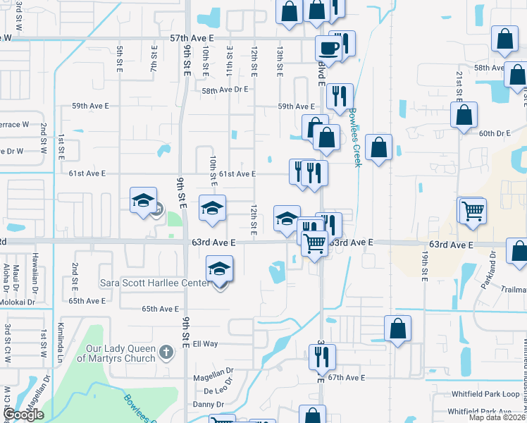 map of restaurants, bars, coffee shops, grocery stores, and more near 6214 12th Street East in Bradenton