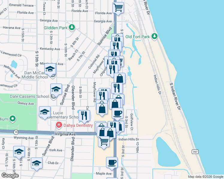 map of restaurants, bars, coffee shops, grocery stores, and more near 1801 South Us Highway 1 in Fort Pierce