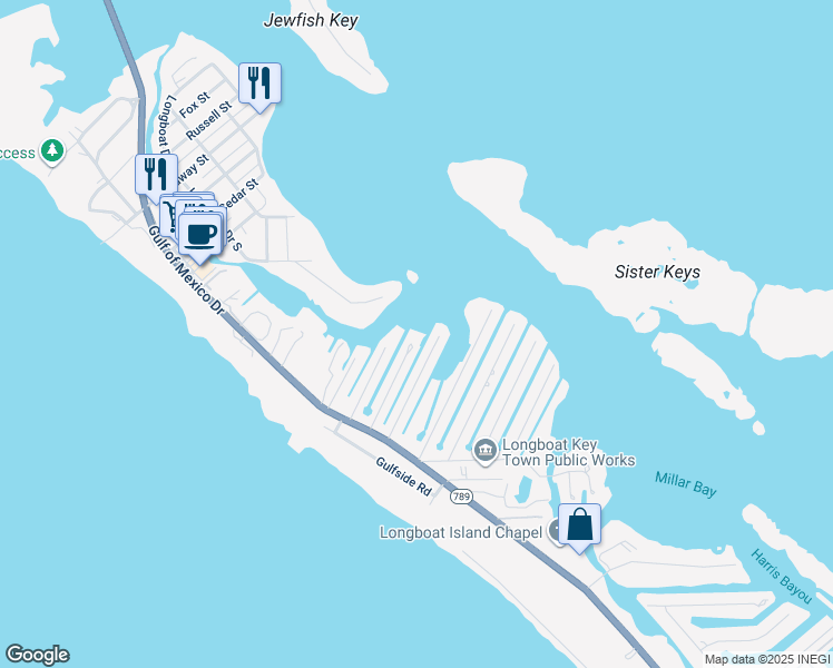 map of restaurants, bars, coffee shops, grocery stores, and more near 630 De Narvaez Drive in Longboat Key