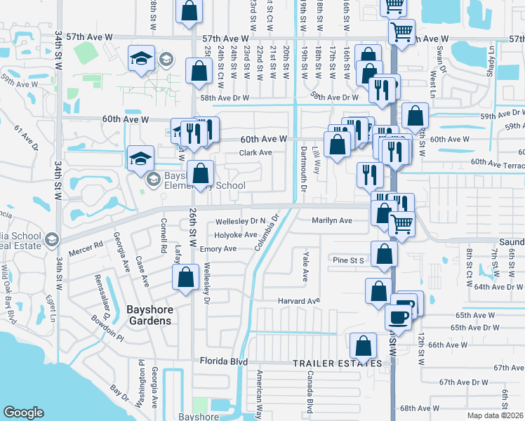 map of restaurants, bars, coffee shops, grocery stores, and more near 2211 Wellesley Drive North in Bradenton