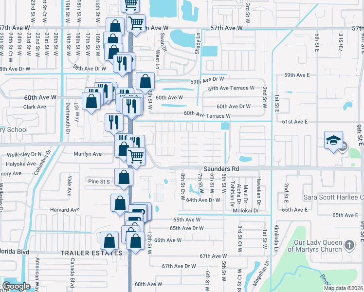 map of restaurants, bars, coffee shops, grocery stores, and more near 603 63rd Avenue West in Bradenton