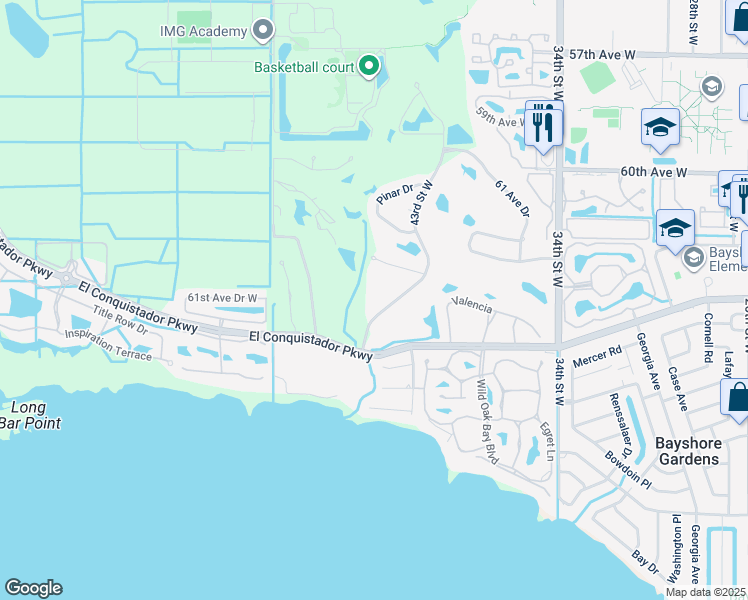 map of restaurants, bars, coffee shops, grocery stores, and more near 6147 43rd Street West in Bradenton