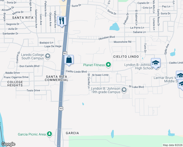 map of restaurants, bars, coffee shops, grocery stores, and more near 3066 Saint Gerard Lane in Laredo