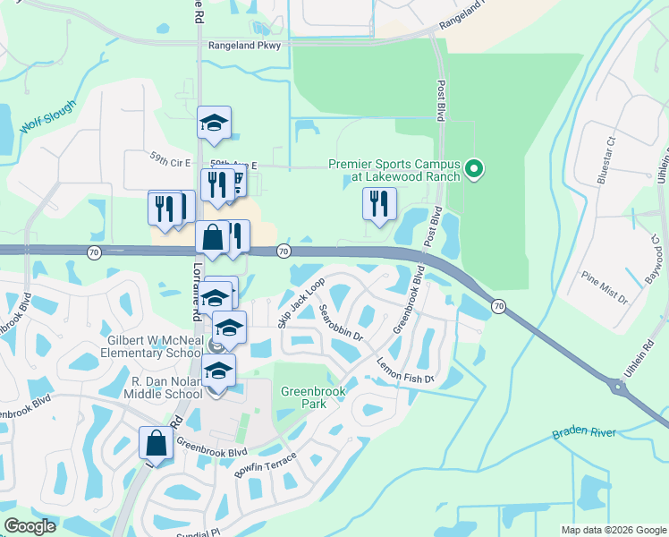 map of restaurants, bars, coffee shops, grocery stores, and more near 15040 Skip Jack Loop in Lakewood Ranch