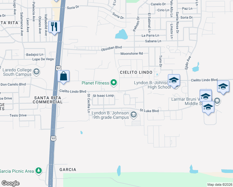 map of restaurants, bars, coffee shops, grocery stores, and more near 5601 Saint Isidore Lane in Laredo