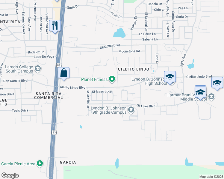 map of restaurants, bars, coffee shops, grocery stores, and more near 5601 Saint Isidore Lane in Laredo
