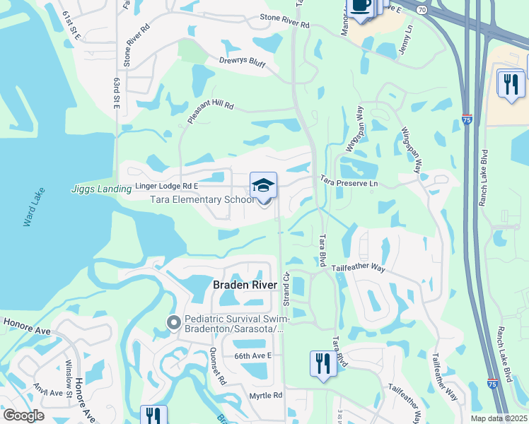 map of restaurants, bars, coffee shops, grocery stores, and more near 6950 Linger Lodge Road East in Bradenton