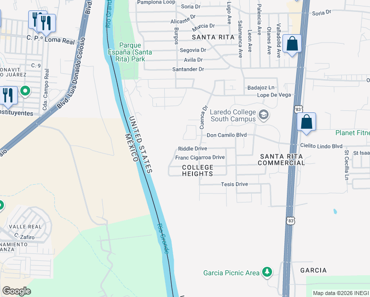 map of restaurants, bars, coffee shops, grocery stores, and more near 1428 Franc Cigarroa Drive in Laredo