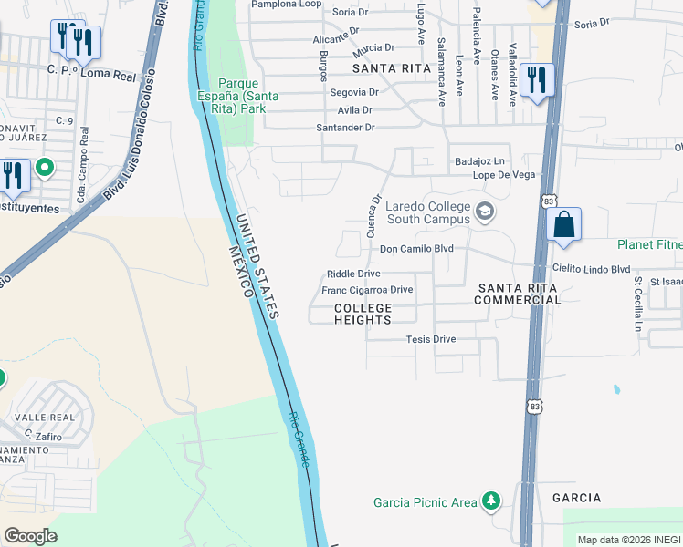 map of restaurants, bars, coffee shops, grocery stores, and more near 1428 Franc Cigarroa Drive in Laredo