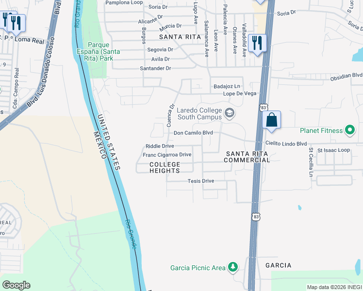 map of restaurants, bars, coffee shops, grocery stores, and more near 1525 Franc Cigarroa Drive in Laredo
