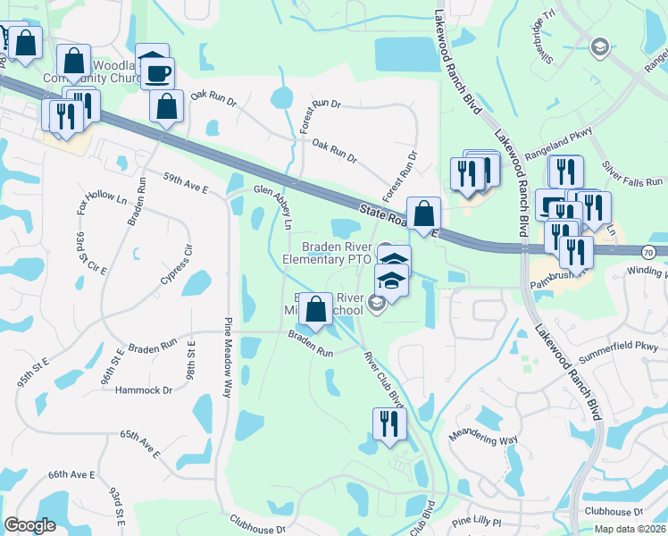 map of restaurants, bars, coffee shops, grocery stores, and more near 10310 Palmbrooke Terrace in Bradenton