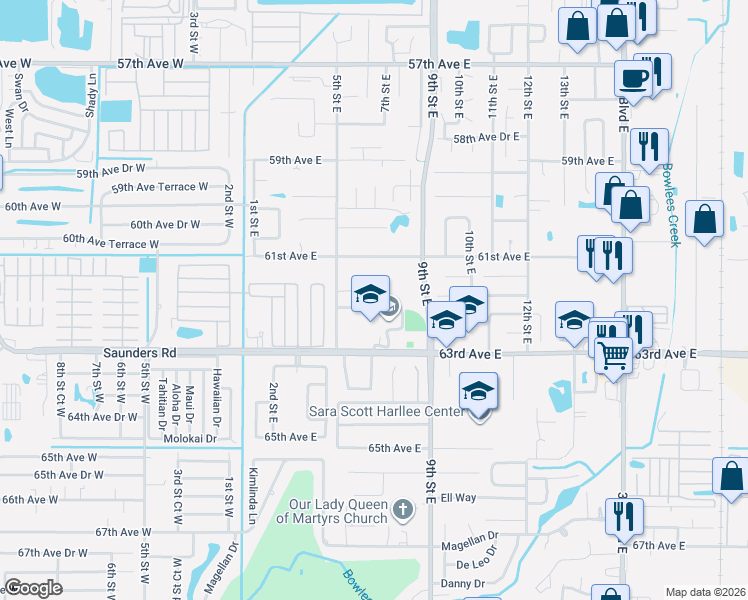 map of restaurants, bars, coffee shops, grocery stores, and more near 617 61st Avenue Terrace East in Bradenton
