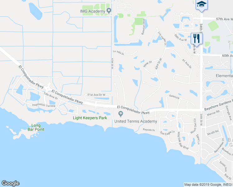 map of restaurants, bars, coffee shops, grocery stores, and more near 6010 Courtside Drive in Bradenton