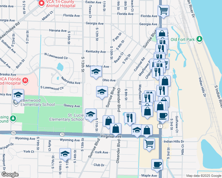 map of restaurants, bars, coffee shops, grocery stores, and more near 1605 Sunrise Boulevard in Fort Pierce