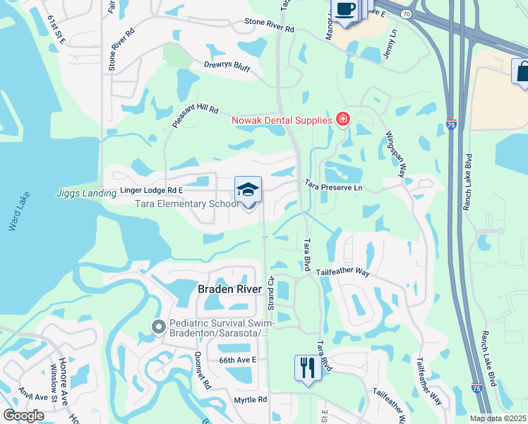 map of restaurants, bars, coffee shops, grocery stores, and more near 7124 Linger Lodge Road East in Bradenton