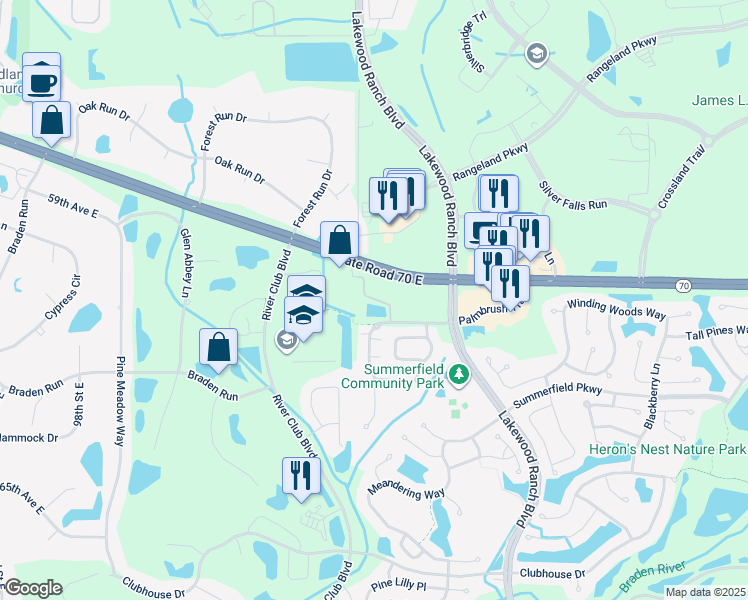 map of restaurants, bars, coffee shops, grocery stores, and more near 11120 East State Road 70 in Lakewood Ranch
