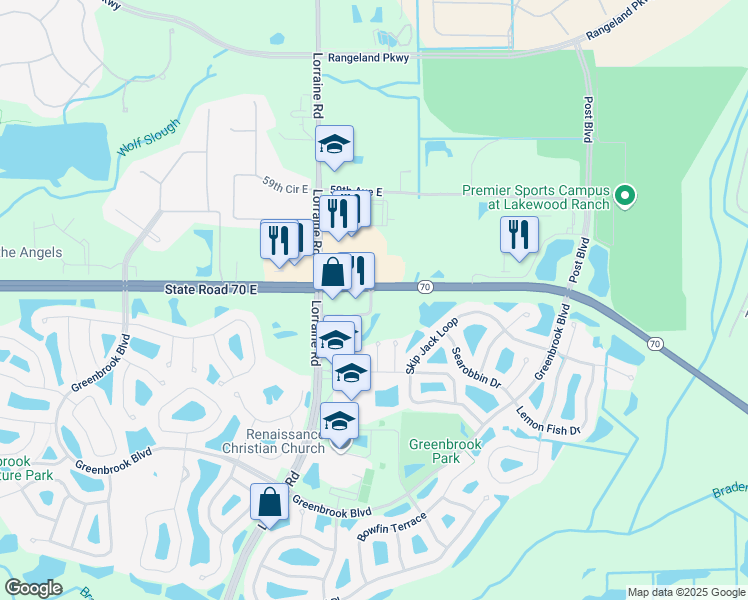 map of restaurants, bars, coffee shops, grocery stores, and more near in Lakewood Ranch