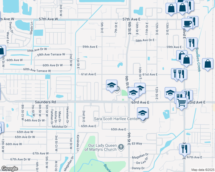 map of restaurants, bars, coffee shops, grocery stores, and more near 6123 5th Street East in Bradenton