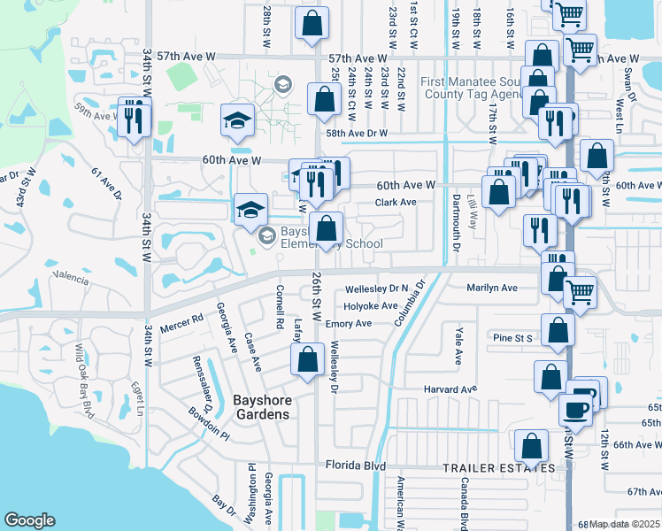 map of restaurants, bars, coffee shops, grocery stores, and more near 2531 Bayshore Gardens Parkway in Bradenton