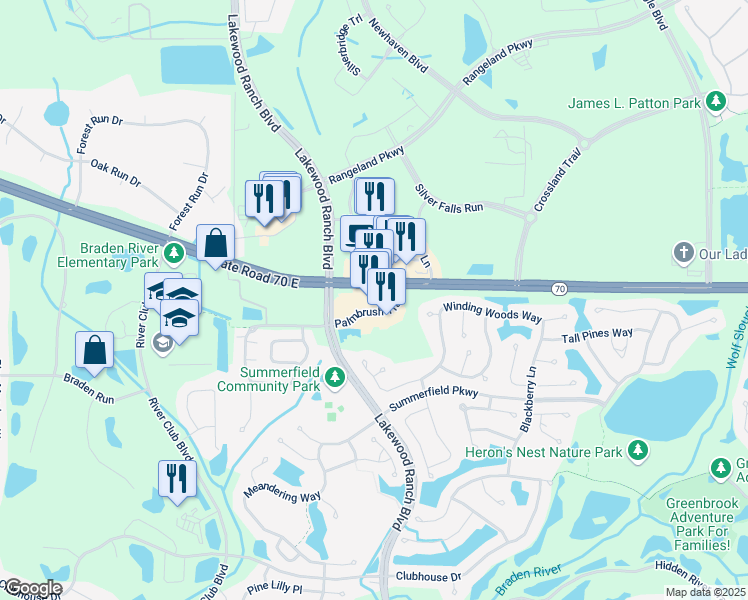 map of restaurants, bars, coffee shops, grocery stores, and more near 11607 Florida 70 in Bradenton