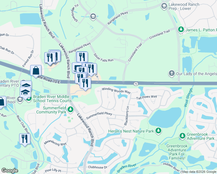 map of restaurants, bars, coffee shops, grocery stores, and more near 11649 East State Road 70 in Bradenton