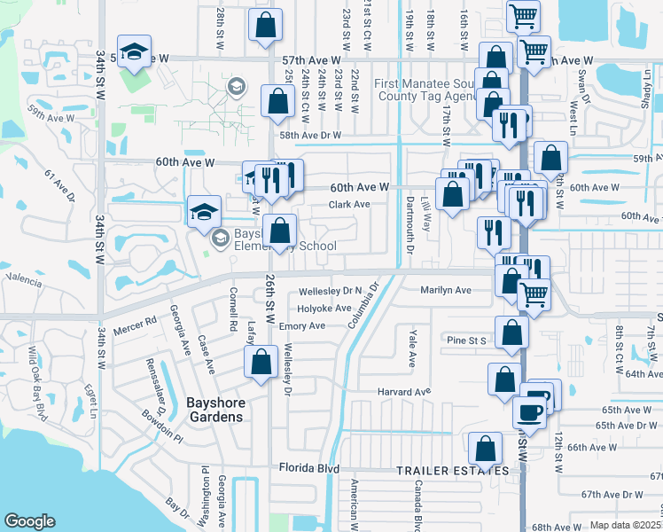 map of restaurants, bars, coffee shops, grocery stores, and more near 5986 Coral Way in Bradenton