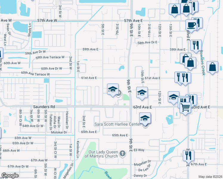 map of restaurants, bars, coffee shops, grocery stores, and more near 606 61st Avenue Terrace East in Bradenton
