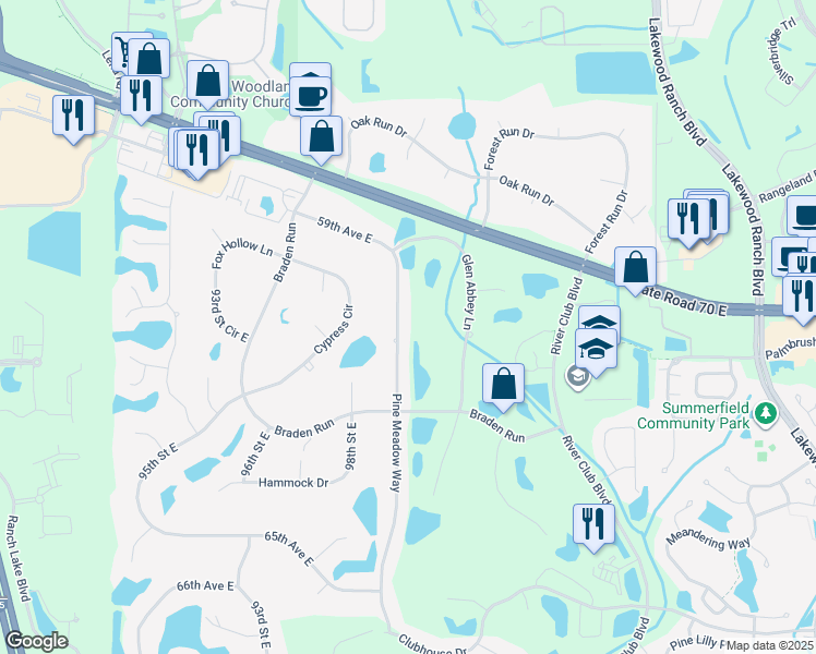 map of restaurants, bars, coffee shops, grocery stores, and more near 6013 Pine Meadow Way in Bradenton