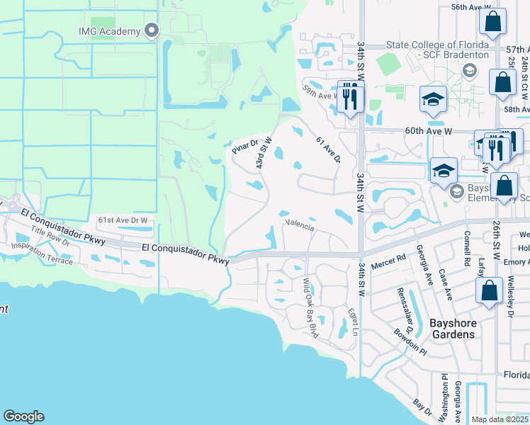 map of restaurants, bars, coffee shops, grocery stores, and more near 6115 43rd Street West in Bradenton