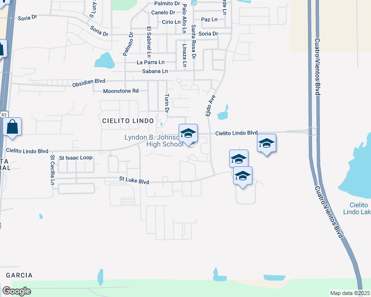 map of restaurants, bars, coffee shops, grocery stores, and more near 5626 Cielito Lindo Boulevard in Laredo