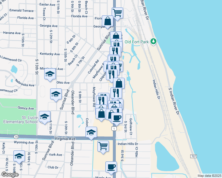 map of restaurants, bars, coffee shops, grocery stores, and more near 1605 South US Highway 1 in Fort Pierce