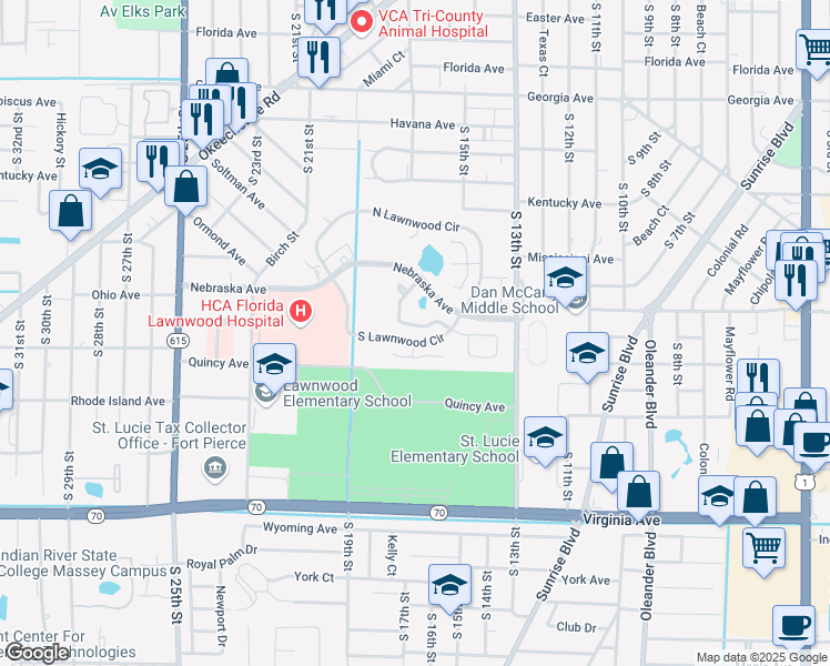 map of restaurants, bars, coffee shops, grocery stores, and more near 1547 Pheasant Walk in Fort Pierce