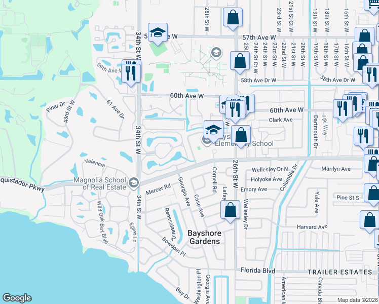 map of restaurants, bars, coffee shops, grocery stores, and more near 6116 Barnard Road in Bradenton