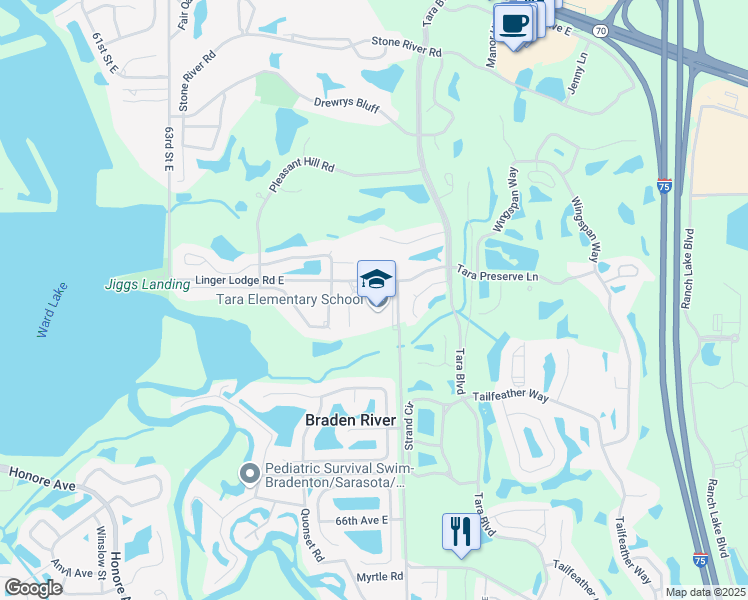 map of restaurants, bars, coffee shops, grocery stores, and more near 6950 Linger Lodge Road East in Bradenton