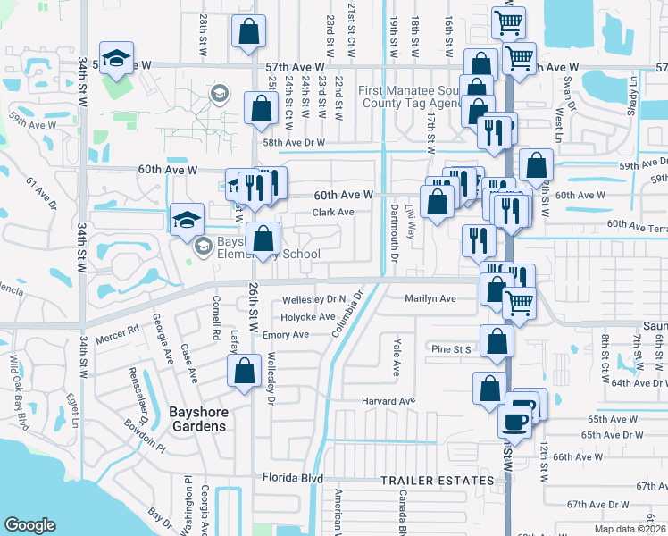 map of restaurants, bars, coffee shops, grocery stores, and more near 2208 Hopkins Drive West in Bradenton