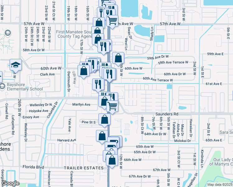 map of restaurants, bars, coffee shops, grocery stores, and more near 6125 14th Street West in Bradenton
