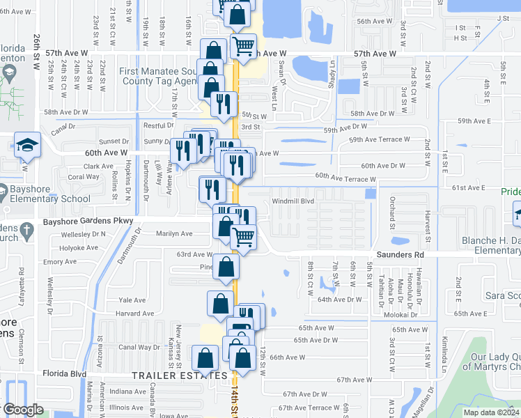 map of restaurants, bars, coffee shops, grocery stores, and more near 6125 14th Street West in Bradenton