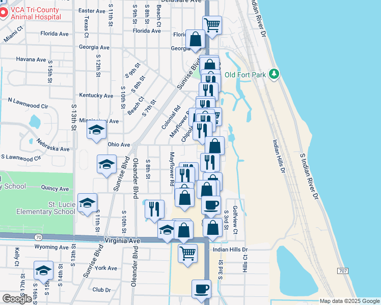 map of restaurants, bars, coffee shops, grocery stores, and more near 601 Ohio Avenue in Fort Pierce