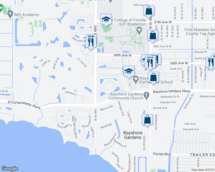 map of restaurants, bars, coffee shops, grocery stores, and more near 19 34th Street West in Bradenton