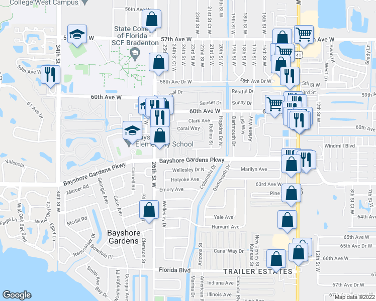 map of restaurants, bars, coffee shops, grocery stores, and more near 5986 Coral Way in Bradenton