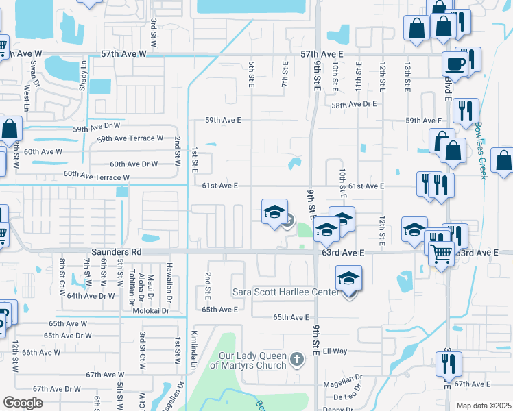 map of restaurants, bars, coffee shops, grocery stores, and more near 6123 5th Street East in Bradenton