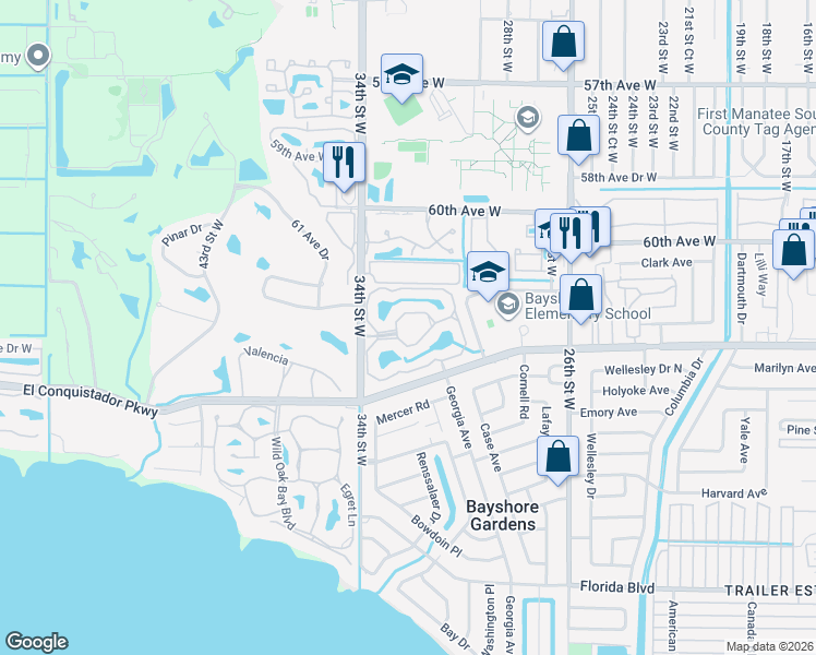 map of restaurants, bars, coffee shops, grocery stores, and more near 19 34th Street West in Bradenton