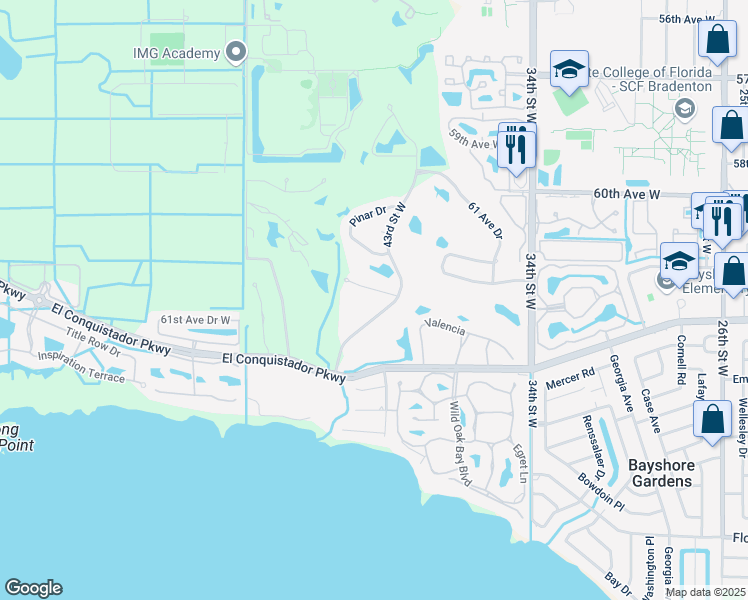 map of restaurants, bars, coffee shops, grocery stores, and more near 6115 43rd Street West in Bradenton
