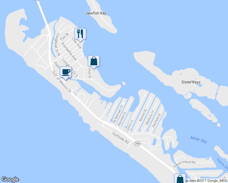 map of restaurants, bars, coffee shops, grocery stores, and more near 6515 Bayou Hammock Road in Longboat Key