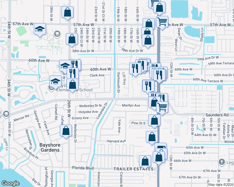 map of restaurants, bars, coffee shops, grocery stores, and more near 6124 Dartmouth Drive in Bradenton