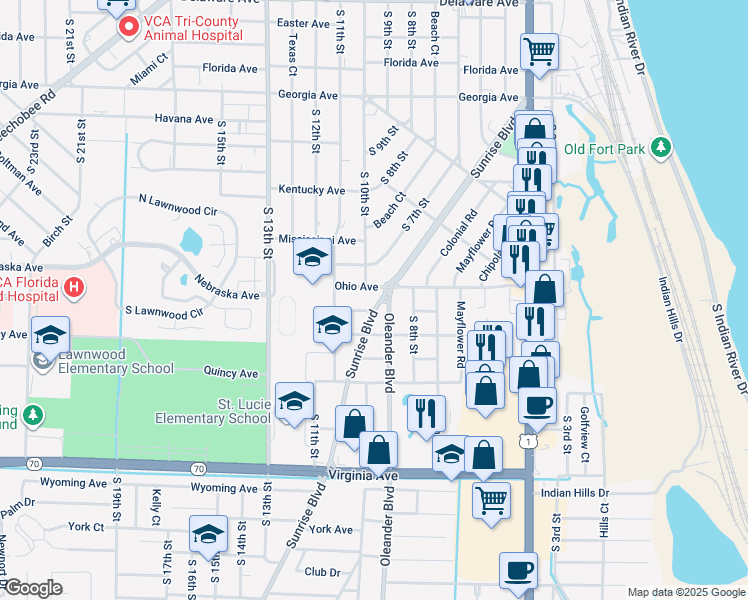 map of restaurants, bars, coffee shops, grocery stores, and more near 1605 Sunrise Boulevard in Fort Pierce