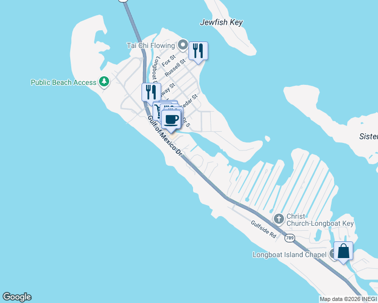 map of restaurants, bars, coffee shops, grocery stores, and more near 6700 Gulf of Mexico Drive in Longboat Key